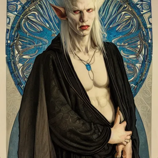 Image similar to portrait of an androgynous albino Viking elf with blue-tinged skin and ghostly art nouveau tattoos wearing black cloak and expression of manic disdain by Greg Rutkowski, Brom, Yoshitaka Amano!!!! and Alphonse Mucha