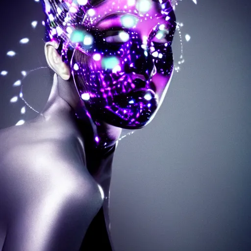 Prompt: portrait of a beautiful futuristic woman layered with high-tech jewelry wrapping around her face and head, silver-magenta light