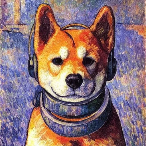 Prompt: a shiba inu with headphones ， post - impressionism, cezanne, gaugin, van gogh, seurat ， - h 7 6 8