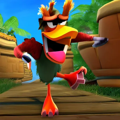 Image similar to screenshot of a cute wacky humanoid goose enemy with a coat in crash bandicoot video game, crash bandicoot 4, playstation 1 era graphics, activision blizzard style, 4 k upscaled graphics