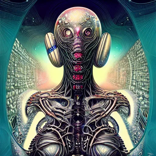 Prompt: cosmic fractal giger biopunk alien, pixar style, by tristan eaton stanley artgerm and tom bagshaw.