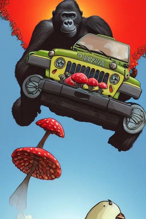 Image similar to gorilla driving a jeep holding a amanita muscaria, sunshine, by alba ballesta gonzalez and moebius. 4 k wallpaper, digital flat 2 d, japan animation, comic book, illustration, cinematic lighting, smooth sharp focus.