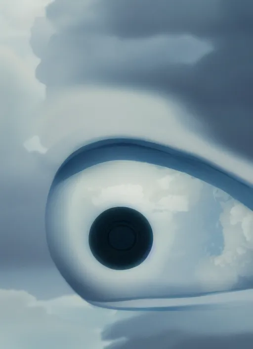 Image similar to detailed eye in the clouds, style of Feng Zhu, studio ghibli, Artstation, unique features, clean, octane render, cinematic, 8k, retro sci fi film,