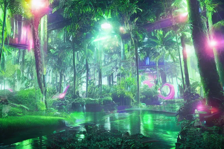 Image similar to neon rainforest, detailed render, hyperrealistic, cgsociety, artstation, 4k