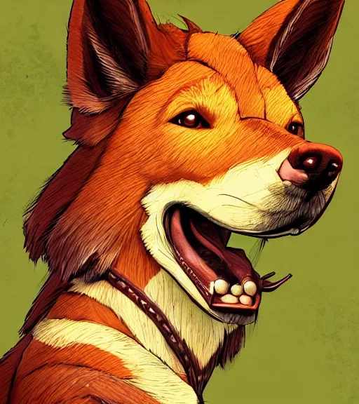 Image similar to stylized close up character portrait icon of the anthro anthropomorphic dingo dog trader head animal person fursona wearing clothes standing in the australian outback, hidari, color page, tankoban, 4 k, tone mapping, akihiko yoshida