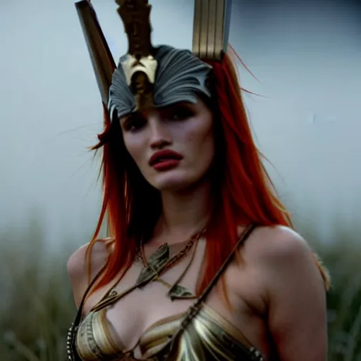 Image similar to bella thorne as the goddess of war in a battlefield, ground mist, cinematic