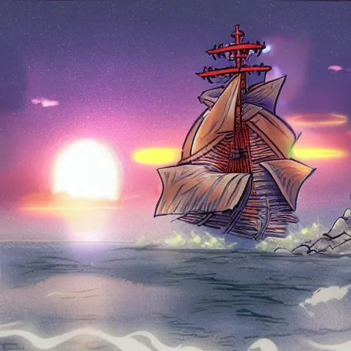 Image similar to a fantasy ship of pirates with a sun as the bow, anime style