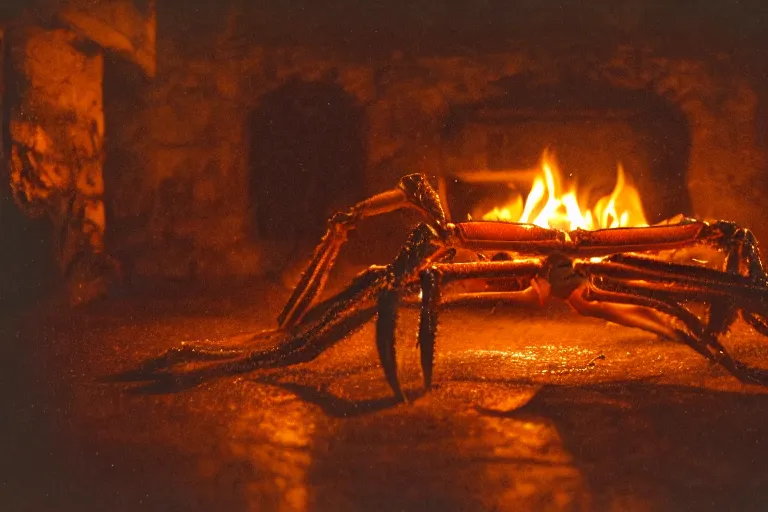 Image similar to royal king crab in his castle, in 1 8 8 7, bathed in the the glow of a fire, royalcore, low - light photograph, photography by tyler mitchell