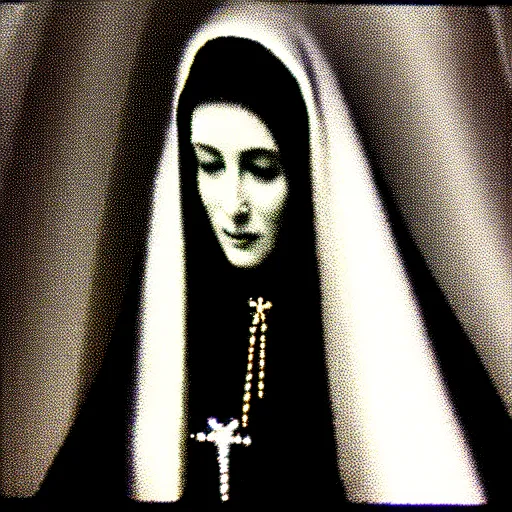 Image similar to vhs static overlay of marian apparition, vhs, 1 9 9 0, beautiful, highly realistic, highly detailed, vhs noise static, black and white, vhs glitch