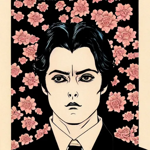 Prompt: symmetrical alain delon as a vampire, style of takato yamamoto lots of flowers