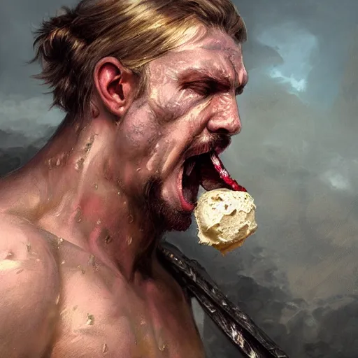 Image similar to epic portrait A spartan buff man with armor licking strawberry ice cream, digital painting, artstation, concept art, soft light, hdri, smooth, sharp focus, illustration, fantasy, intricate, elegant, highly detailed, D&D, matte painting, in the style of Greg Rutkowski and Alphonse Mucha and artemisia, 8k, highly detailed, jurgens, rutkowski, bouguereau, pastoral, rustic, georgic