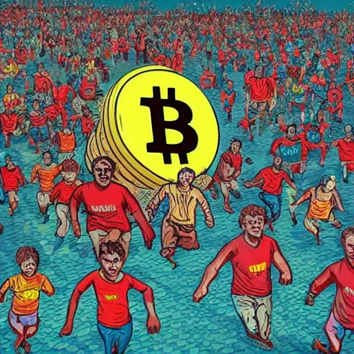 Image similar to landscape of people running away from a giant with bitcoin face, pop art, highly detailed, hyper-realistic, 8k