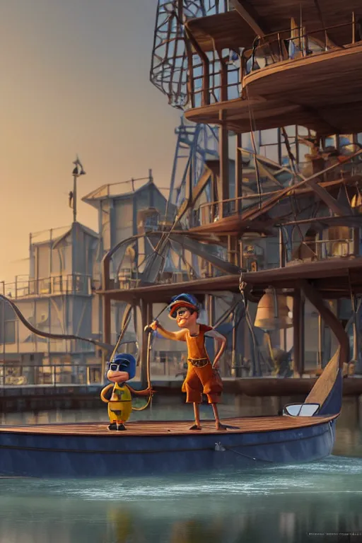 Prompt: pixar a kid mechanic building a boat at the docks | glamorous oily soft polished rich ornate modern | weta disney pixar movie still photo | hi - fructose, sci fi fantasy, smooth, octane render, sharp focus, artstation, concept art | artgerm, mucha, rutkowski, feng zhu, wlop, loish