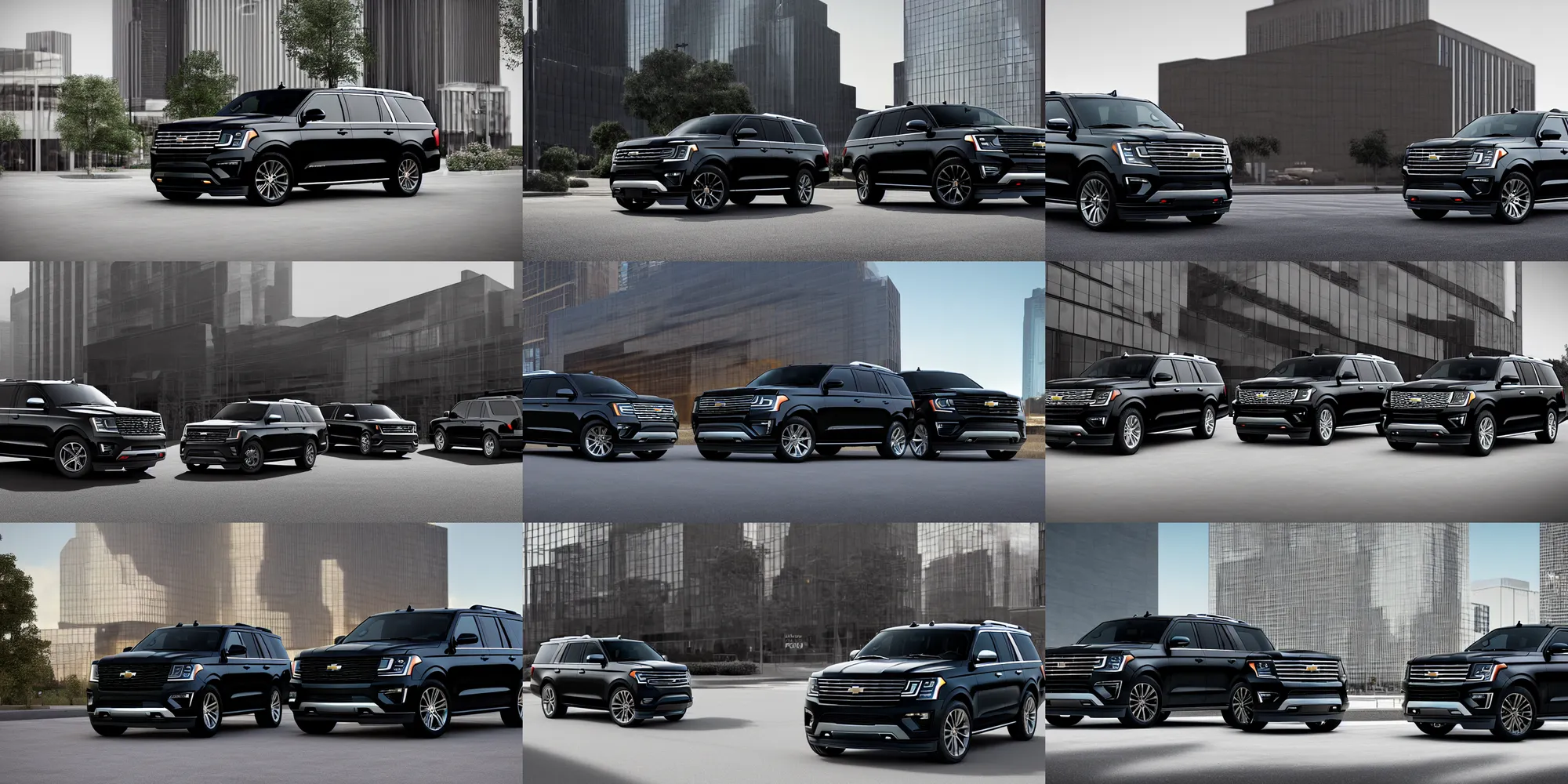 Image similar to a black suv inspired by a 2 0 2 2 chevrolet suburban and 2 0 2 2 ford expedition parked in front of an office building, a digital rendering by the family circus, trending on cg society, regionalism, ue 5, rendered in unreal engine, ultrafine detail