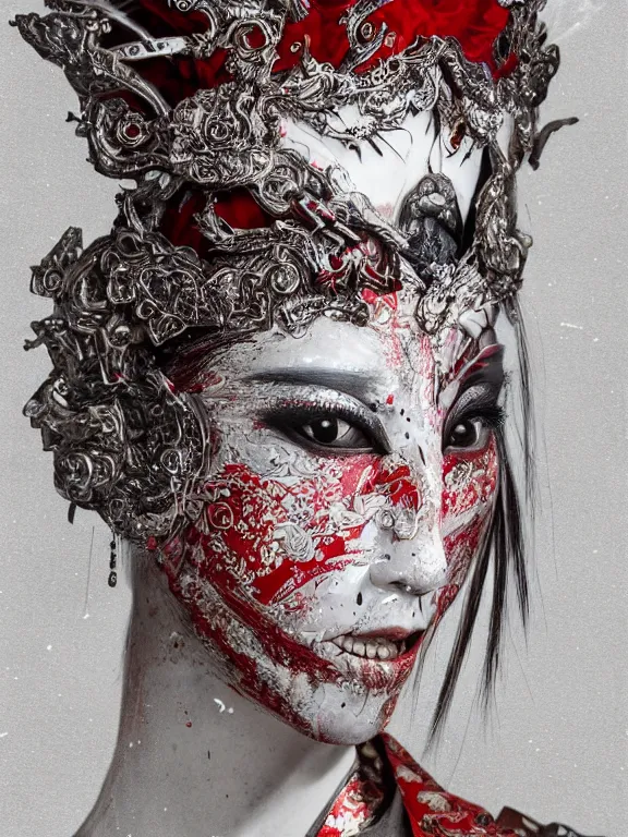 Image similar to portrait art of 8k ultra realistic geisha,intricate white and red mask, detailed intricate ornate armour,decaying, cybernetic, full of colour, cinematic lighting, battered, trending on artstation, 4k, hyperrealistic, focused, extreme details,unreal engine 5, cinematic, masterpiece, art by ayami kojima, giger