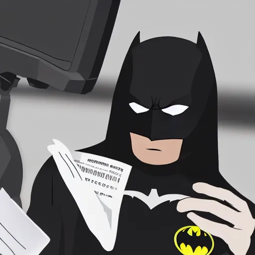 Image similar to batman renewing his driving license at the DMV, stood in a cutback queue, holding papers, photorealistic, soft lighting, sharp details, 4k