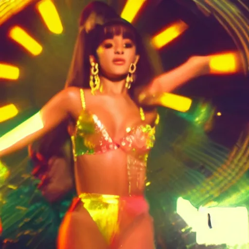 Image similar to cinematic movie still of ariana grande as a 1 9 7 0 s disco queen, 8 k hdr, action shot, movie still, hazy vibes, acid trip, fear and loathing