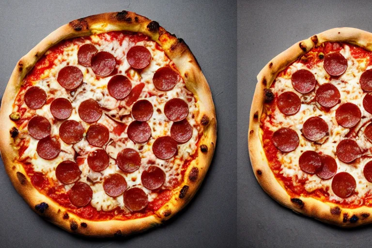 Prompt: a pizza with amongus-shaked pepperoni on top. Food photography, studio photography, highly detailed