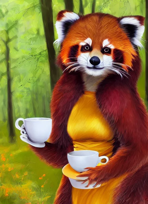 Prompt: beautiful portrait commission of a female furry anthro red panda fursona wearing a yellow dress, drinking a cup of coffee while walking through a summer forest, beautiful, vivid, highly detailed, trending on artstation,