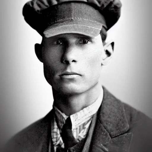 Image similar to A photograph portrait of Jerma985 wearing a newsboy cap in the early 1900s, taken in the early 1900s, grainy, taken on a early 1900s Kodak Camera, realistic, hyperrealistic, very realistic, highly detailed, very detailed, extremely detailed, detailed, digital art, trending on artstation