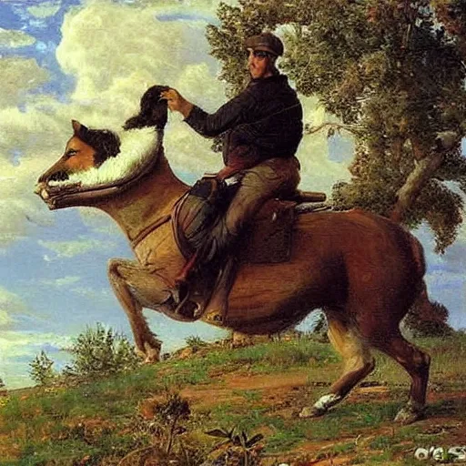 Image similar to man riding a huge cat, oil painting by Ivan Shishkin