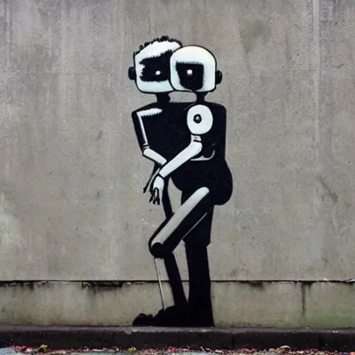 Image similar to robots kissing, street art, by banksy