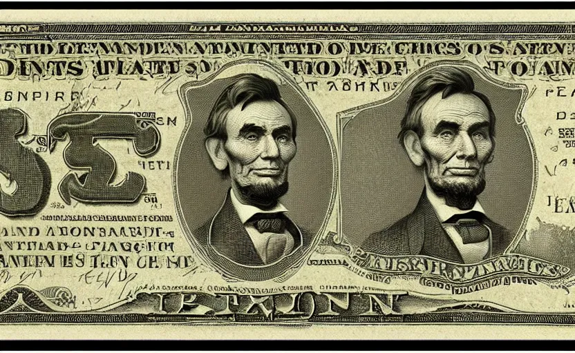 Prompt: rectangular photograph of five dollar u. s. currency note featuring lincoln