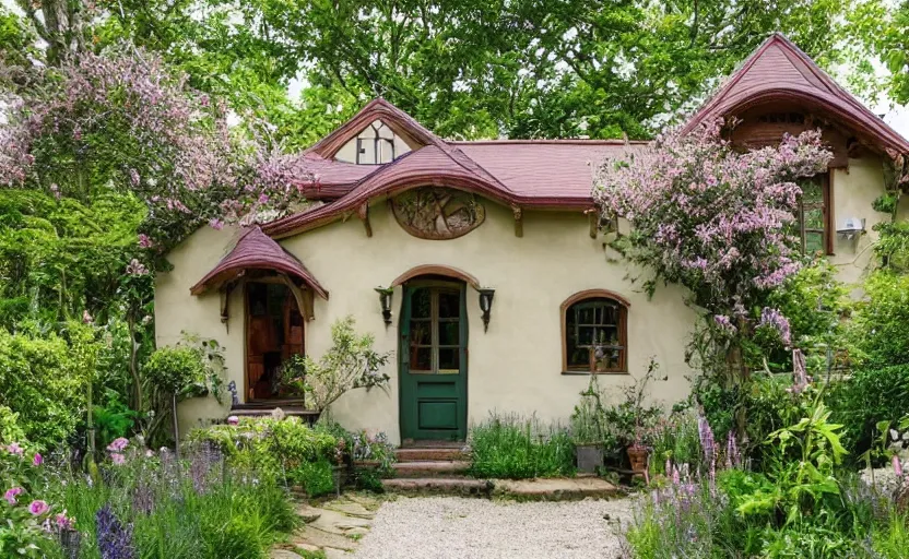 Image similar to cottage style house exterior, lush and green environment, art nouveau, garden with wild flowers and lavender, beige stucco walls, wooden timberwork, cobble stone path way, serene, bohemian