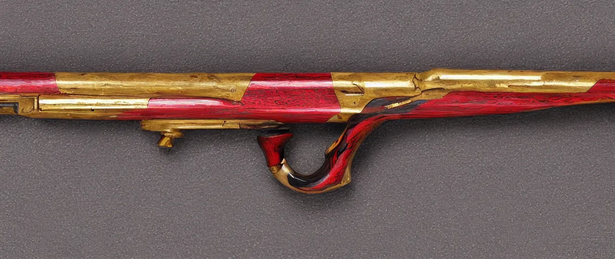 Image similar to a shotgun made from glossy red - painted wood and elements of gold metalwork