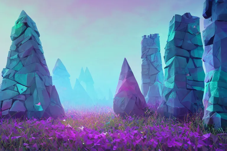 Prompt: super detailed color lowpoly art, overgrown mystical meadow with numerous trees, ancient stone obelisks with subtle glowing runes, unreal engine, retrowave color palette, 3 d render, lowpoly, colorful, digital art, perspective