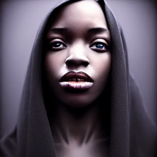 Image similar to a portrait of a young black woman wearing a long dark cloak, hood and shadows covering face, anatomically correct, beautiful perfect face, enigmatic, oil painting, matte painting, black background, Volumetric dynamic lighting, Highly Detailed, Cinematic Lighting, Unreal Engine, 8k, HD, by Beksinski