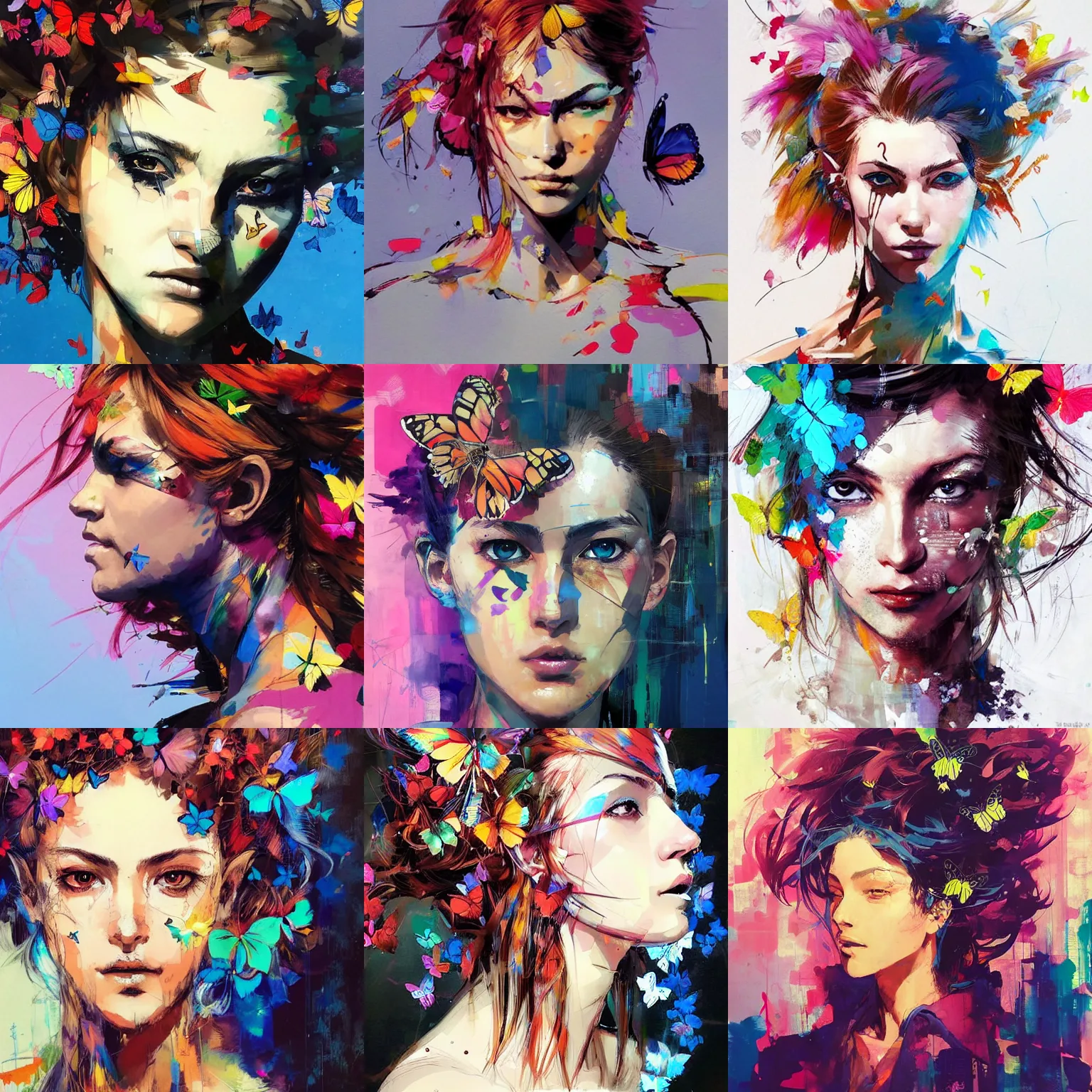 Prompt: a beautiful portrait painting of a woman. colorful butterflies emerge from her hair, covering almost all of her head. art by yoji shinkawa and sandra chevrier, trending on artstation, award - winning, perfect composition.