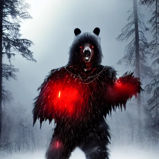 Prompt: berserker bear, wearing hood and torn cape, red glowing eyes, wearing magic orb in neck, dark background, cinematic lightning, hyper realism, centered, white and black clothing, black hair, exquisite detail, 4k