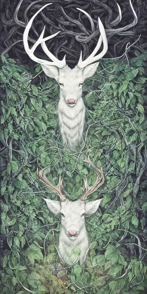 Prompt: highly detailed portrait of a white stag with vines entwined with its antlers by roger dean and alena aenami, dynamic lighting