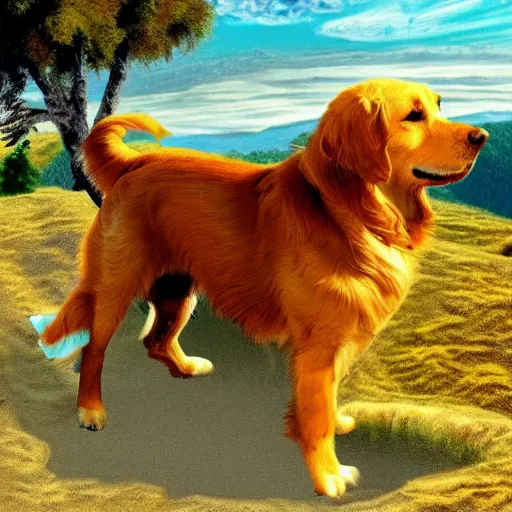 Prompt: a golden retriever standing on top of a mountain, microsoft paint art, unprofessional, mediocre