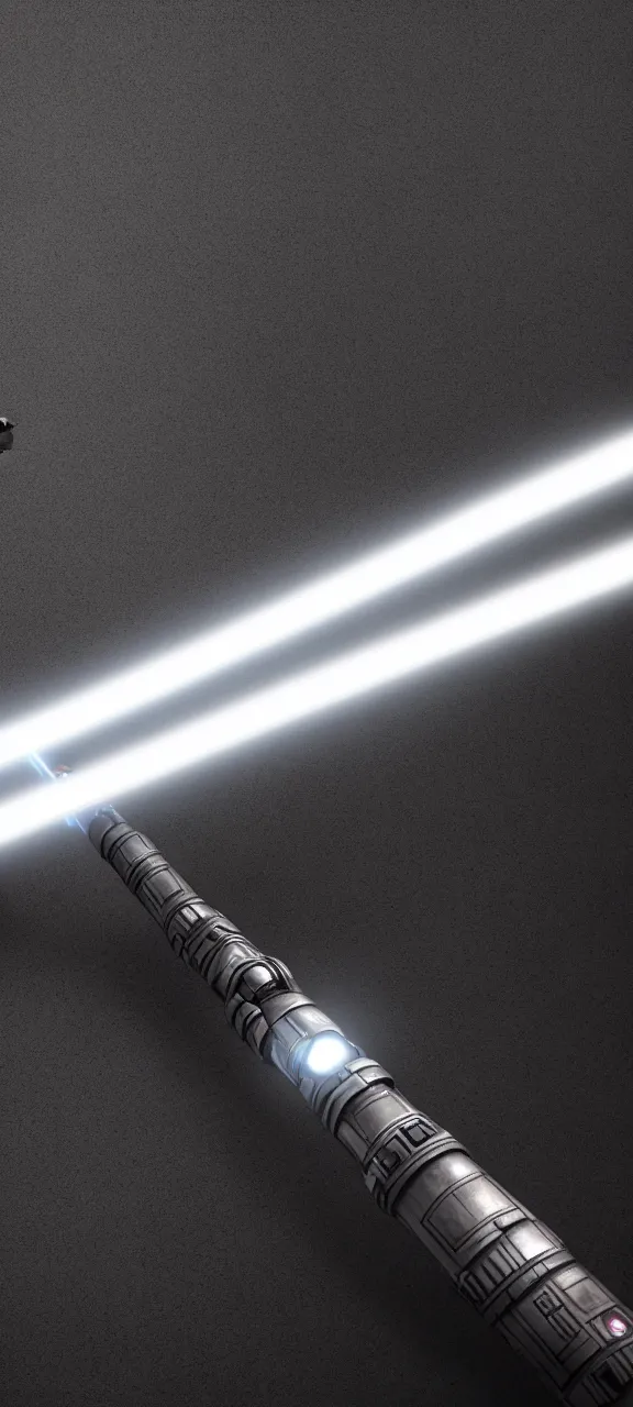 Image similar to ultra - detailed cinematic render, of a lightsaber, on a stone, lit up in a dark room, octane render, high quality, digital art, 8 k, jedi fallen order ligthsaber, volumetric lighting