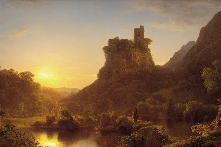 Prompt: floating castle over a lush valley at sunset, masterpiece by Caspar David Friederich, golden hour