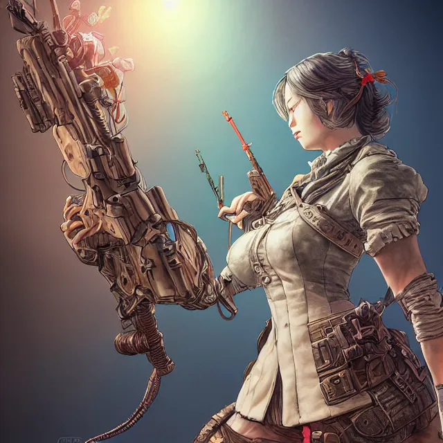 Image similar to the portrait of lawful neutral semi - colorful female infantry gunner as absurdly beautiful, gorgeous, elegant, young gravure idol, an ultrafine hyperdetailed illustration by kim jung gi, irakli nadar, intricate linework, bright colors, octopath traveler, final fantasy, unreal engine 5 highly rendered, global illumination, radiant light, detailed and intricate environment