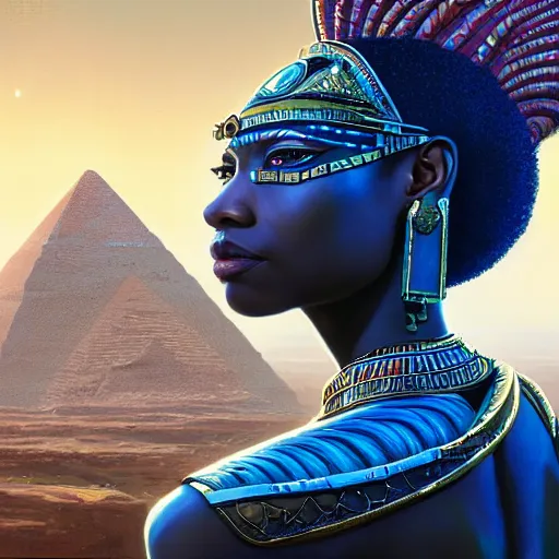 Image similar to highly detailed portrait of an african egyptian goddess, intricate alien technology, stephen bliss, unreal engine, fantasy art by greg rutkowski, loish, rhads, ferdinand knab, makoto shinkai and lois van baarle, ilya kuvshinov, rossdraws, tom bagshaw, global illumination, radiant light, detailed and intricate environment