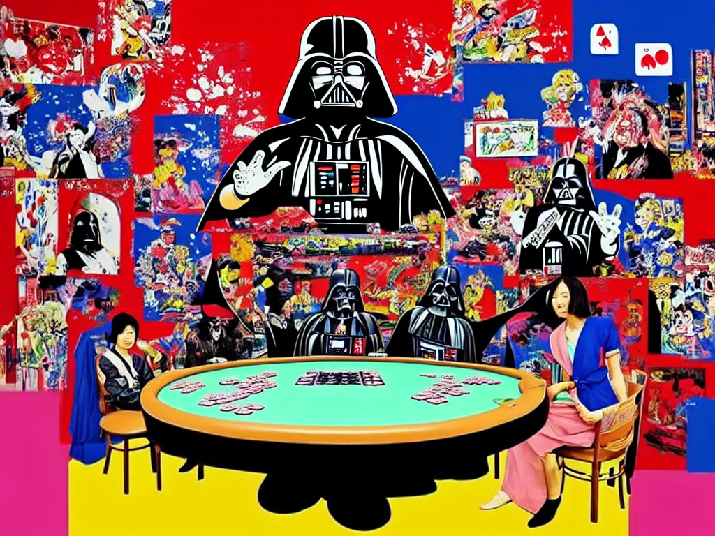 Image similar to hyper - realistic composition of a large room with an extremely detailed poker table in the center, woman in traditional japanese kimono standing nearby, darth vader sitting at the table, fireworks in the background, pop art style, jackie tsai style, andy warhol style, acrylic on canvas, dull palette