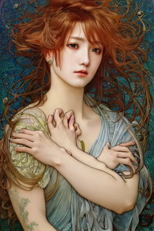 Prompt: hyper-realistic detailed portrait of Jungkook from BTS Alphonse Mucha, Ayami Kojima, Amano, Charlie Bowater, Karol Bak, Greg Hildebrandt, Jean Delville, Pablo Picasso and Mark Brooks, Art Nouveau, Neo-Gothic, gothic, iridescent deep colors