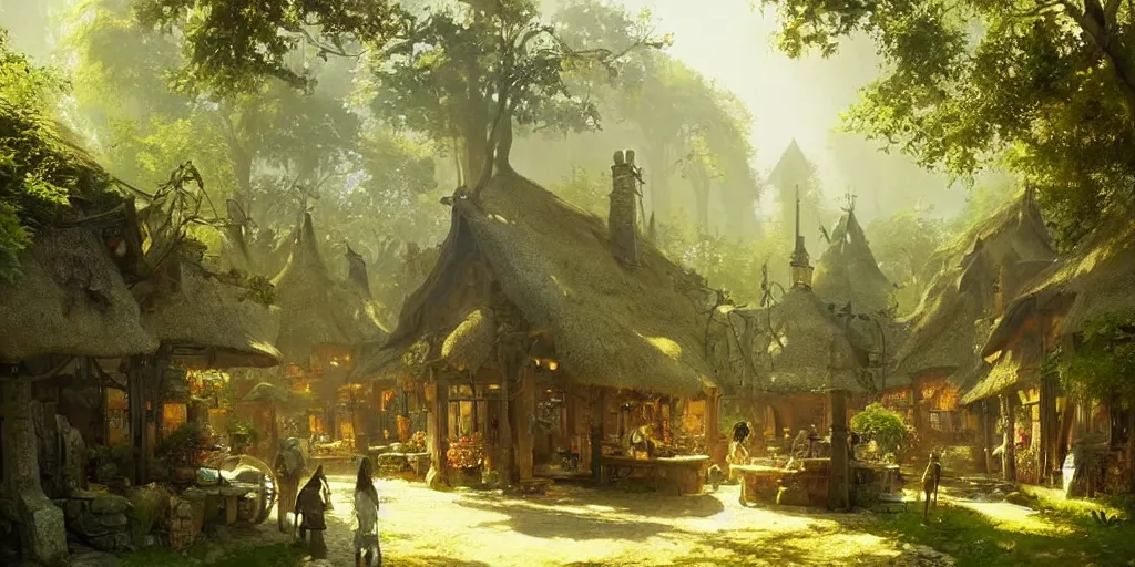 Image similar to a cozy fantasy village in a shaded forest, marketplace, thatched houses, yellow and greens, sun rays, peaceful greg rutkowski