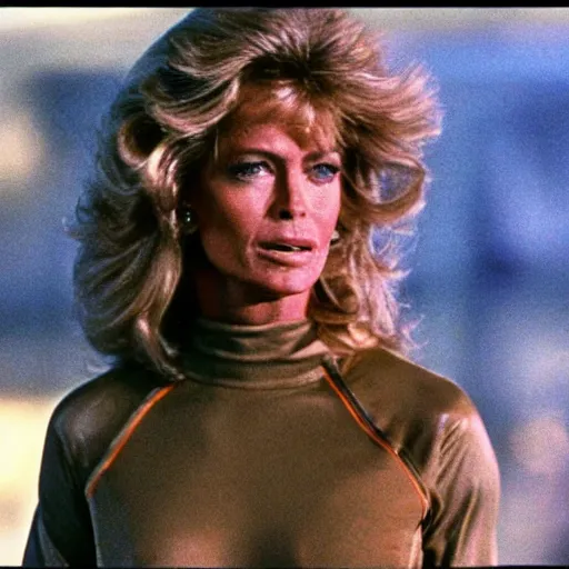 Image similar to movie still, 1 9 8 0 s, sci - fi farrah fawcett in combat suit, hyperdetailed, by ridley scott, john carpenter and vittorio storaro, blue lights