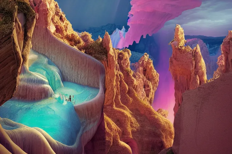 Prompt: neuschwanstein castle on pamukkale thermal waters flowing down gold travertine terraces in royal blue antelope canyon during sakura season on an interstellar aurora borealis with heavy thunder and lightning, pink and pink waterfalls, by peter mohrbacher, james jean, james gilleard, greg rutkowski, vincent di fate, rule of thirds, octane render, beautiful landscape