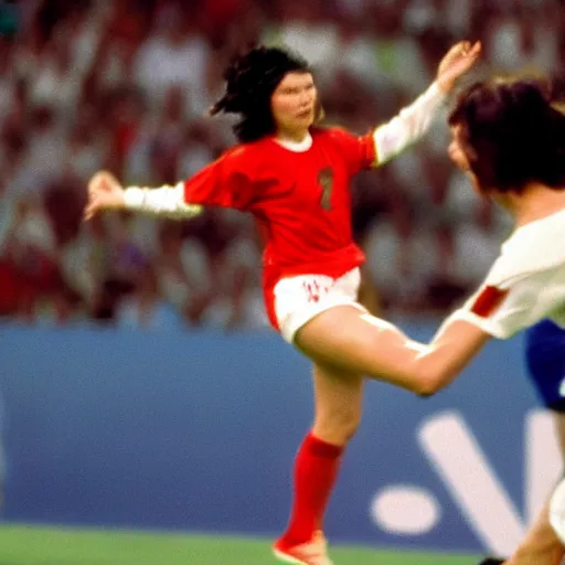 Prompt: Bjork scoring a goal in the football world cup, with her hand, over Peter Shilton