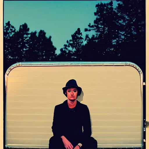 Prompt: a man sitting on a stool in front of a trailer, an album cover by james baynes, instagram contest winner, neo - romanticism, night, aesthetic, # film, photo taken with ektachrome