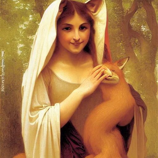 Image similar to An anthropomorphic fox in a brown robe, by bouguereau