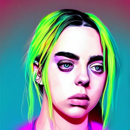 Prompt: billie eilish portrait neon digital painting