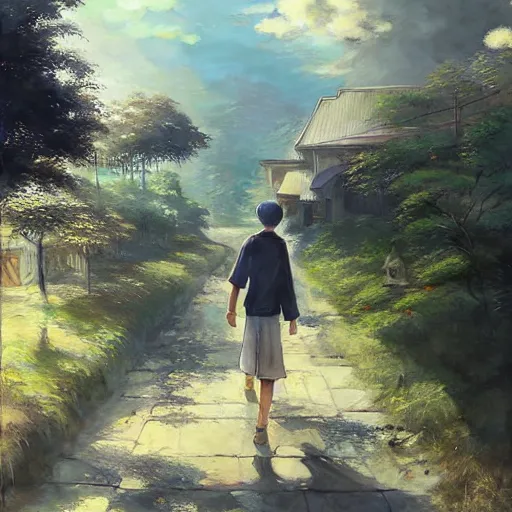 Image similar to walking around misumi west port and manda pit, kumamoto, japan. volumetric lighting, nice spring afternoon, sunny weather, ( few clouds ), photorealistic illustration, perfectly shaded, soft painting, art by krenz cushart and wenjun lin