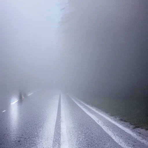 Prompt: mist, there\'s a shadowy figure on the road it has red glowing eyes